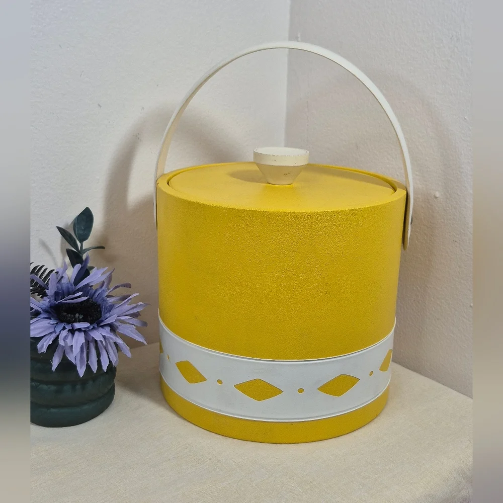 Vintage MCM Vinyl Ice Bucket Yellow with White Diamond Cutouts